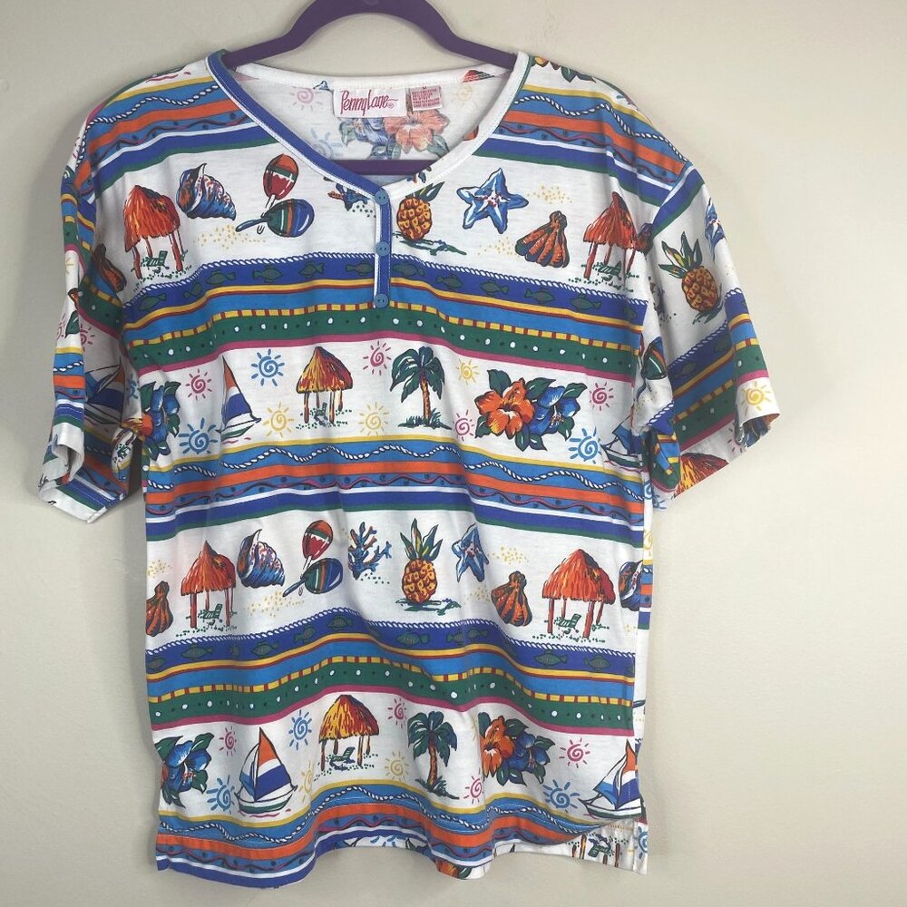 Penny Lane‎ Vintage Beach Print Top Womens Medium Coastal Seashell Retro